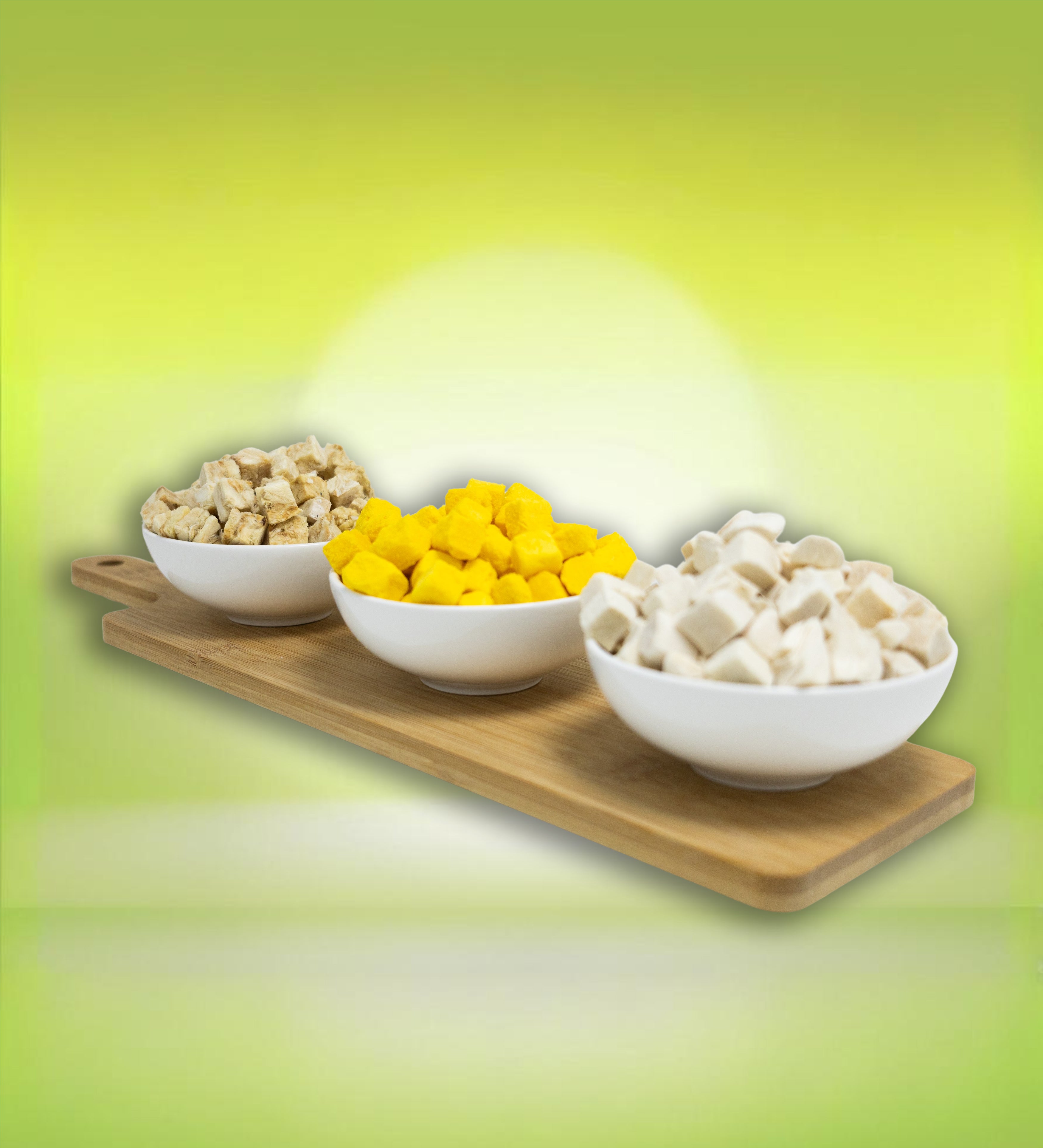 freeze dried cod, egg yolk and chicken treats, toppers, snacks, healthy food.